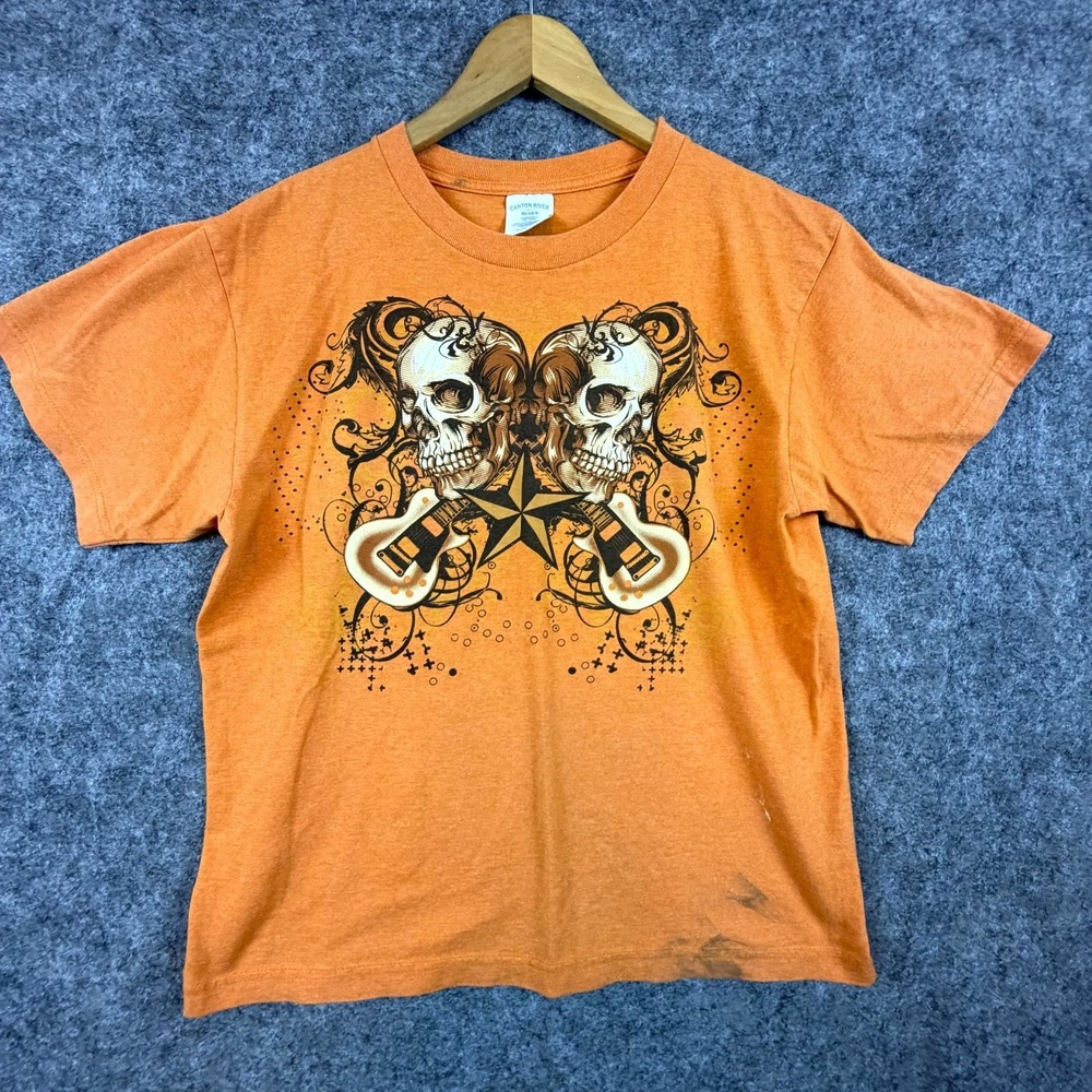 Canyon River‎ Blues T-Shirt Mens XL Orange Y2K Skull Guitar Graphic Crew Neck